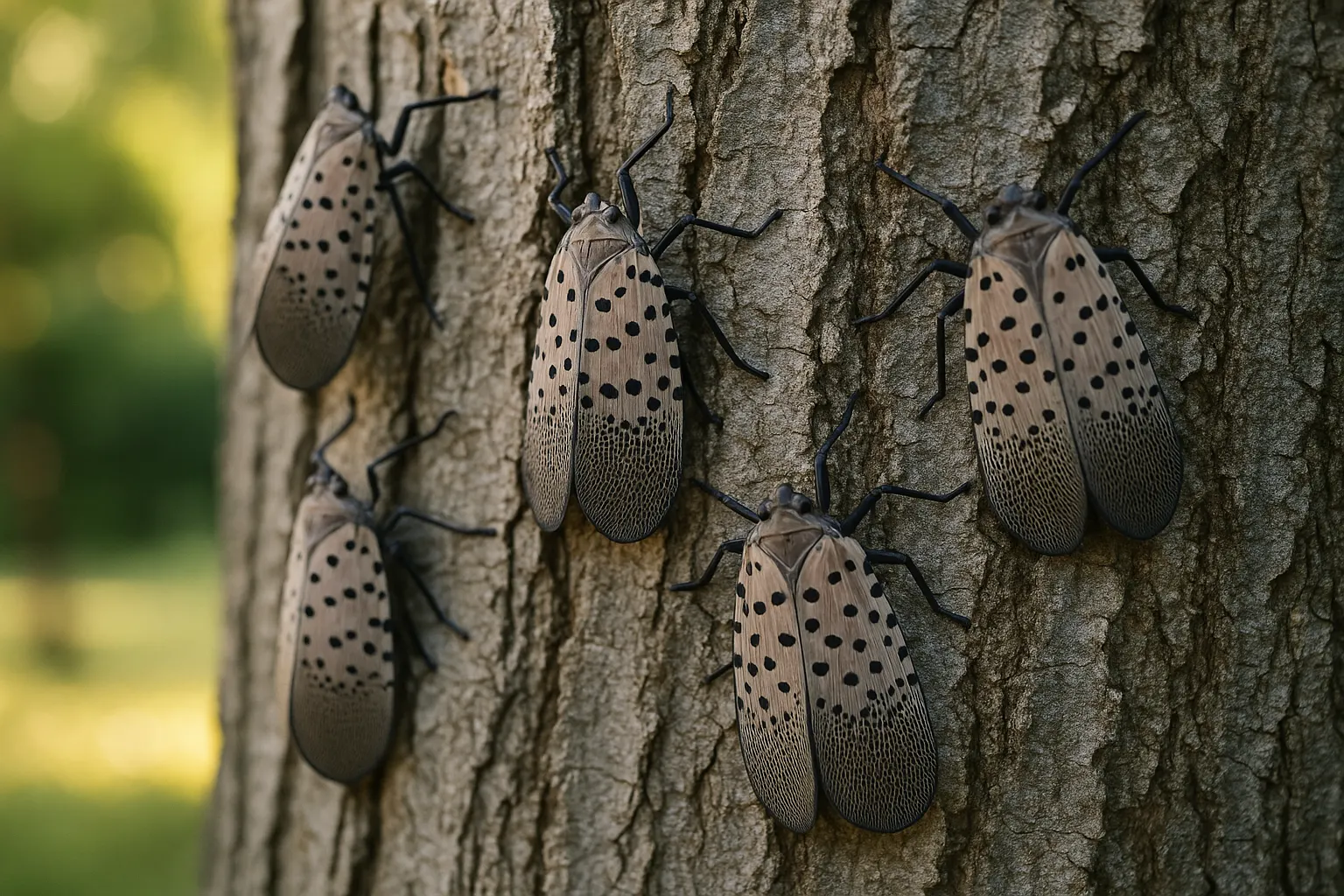 Adult spotted lanternflies feeding on the bark of a tree trunk