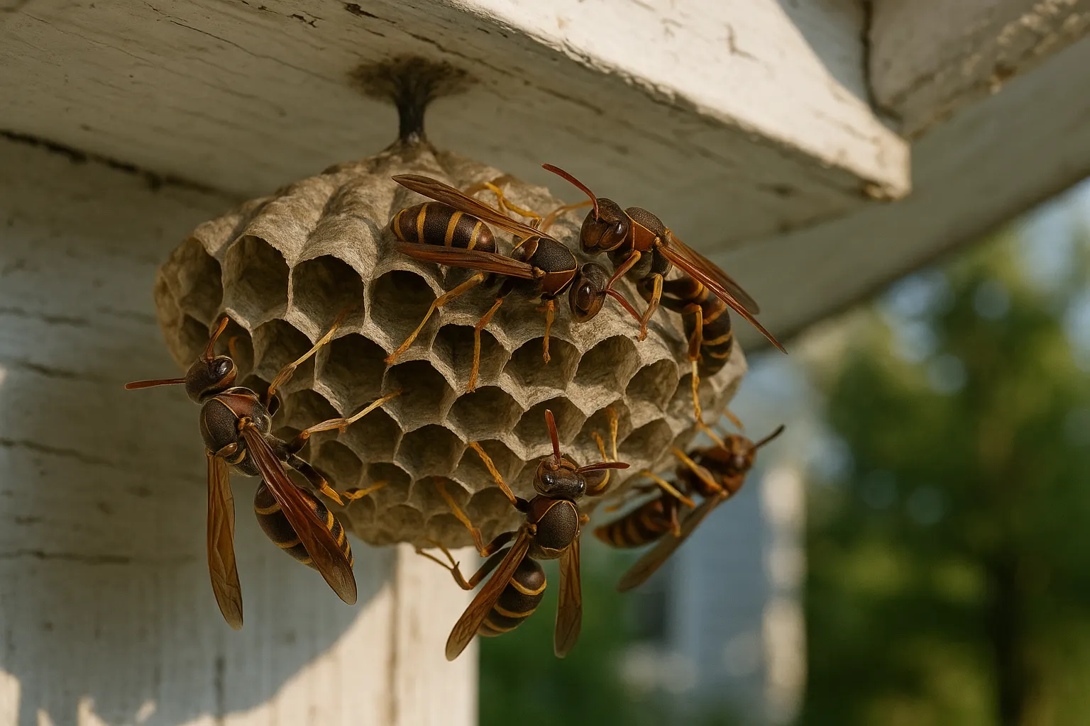 Paper wasps on an open comb nest under a painted porch ceiling