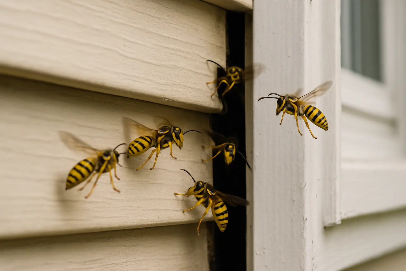 Yellow jackets entering a small gap where vinyl siding meets window trim
