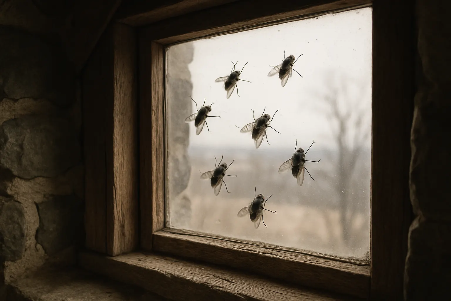 Cluster flies on the inside of an attic window in winter light