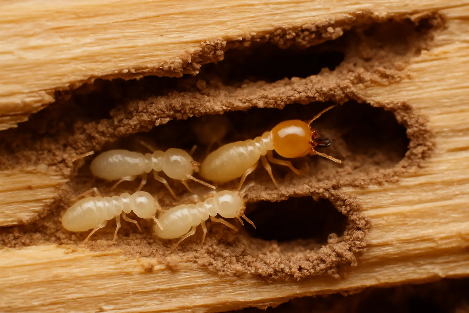 Macro view of pale eastern subterranean termite workers in soil-lined galleries of damaged wood