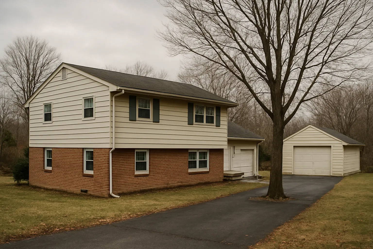 Split-level suburban house with a detached garage on an overcast afternoon