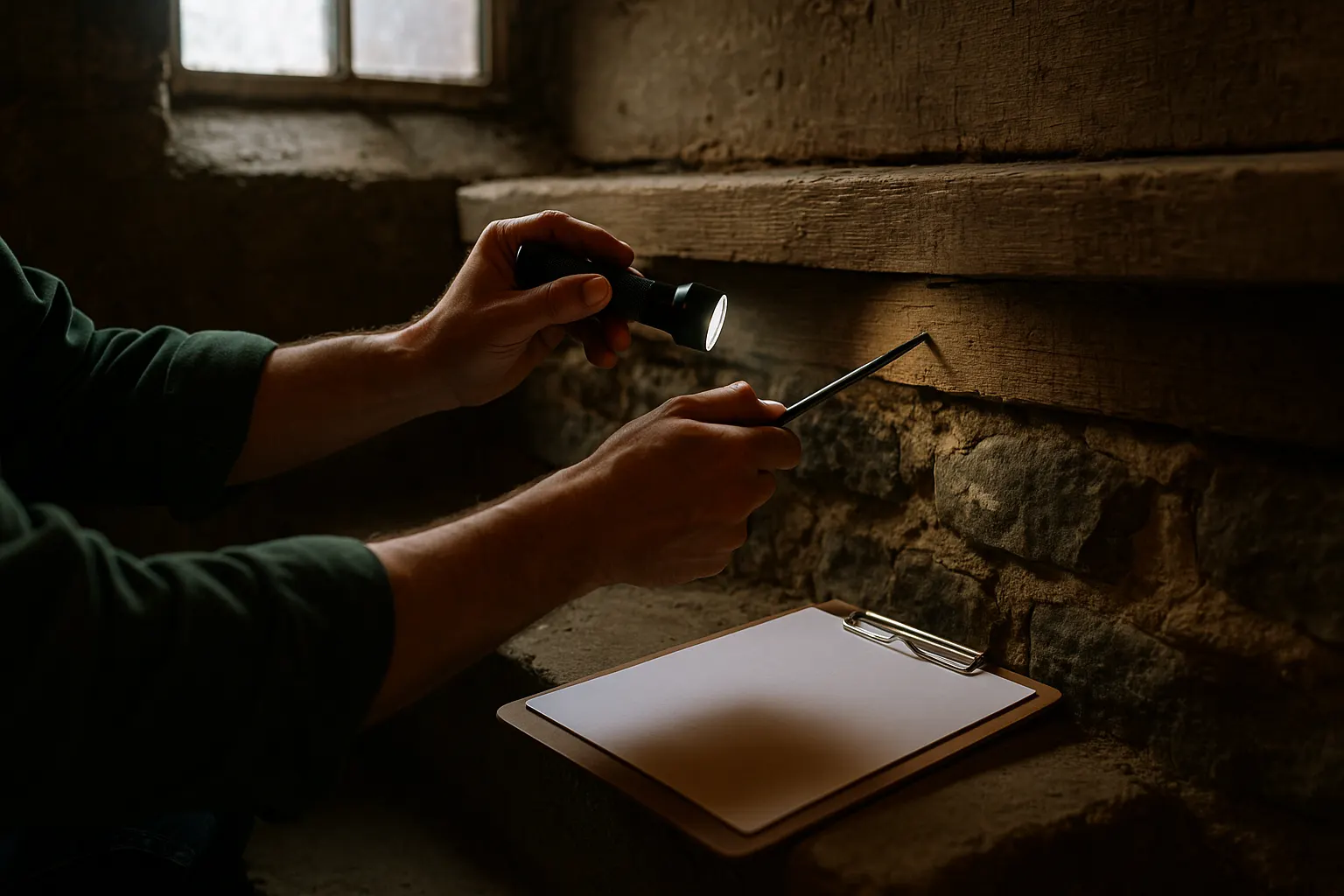 Inspector's hands probing a wooden sill plate with a screwdriver while holding a flashlight in a stone basement